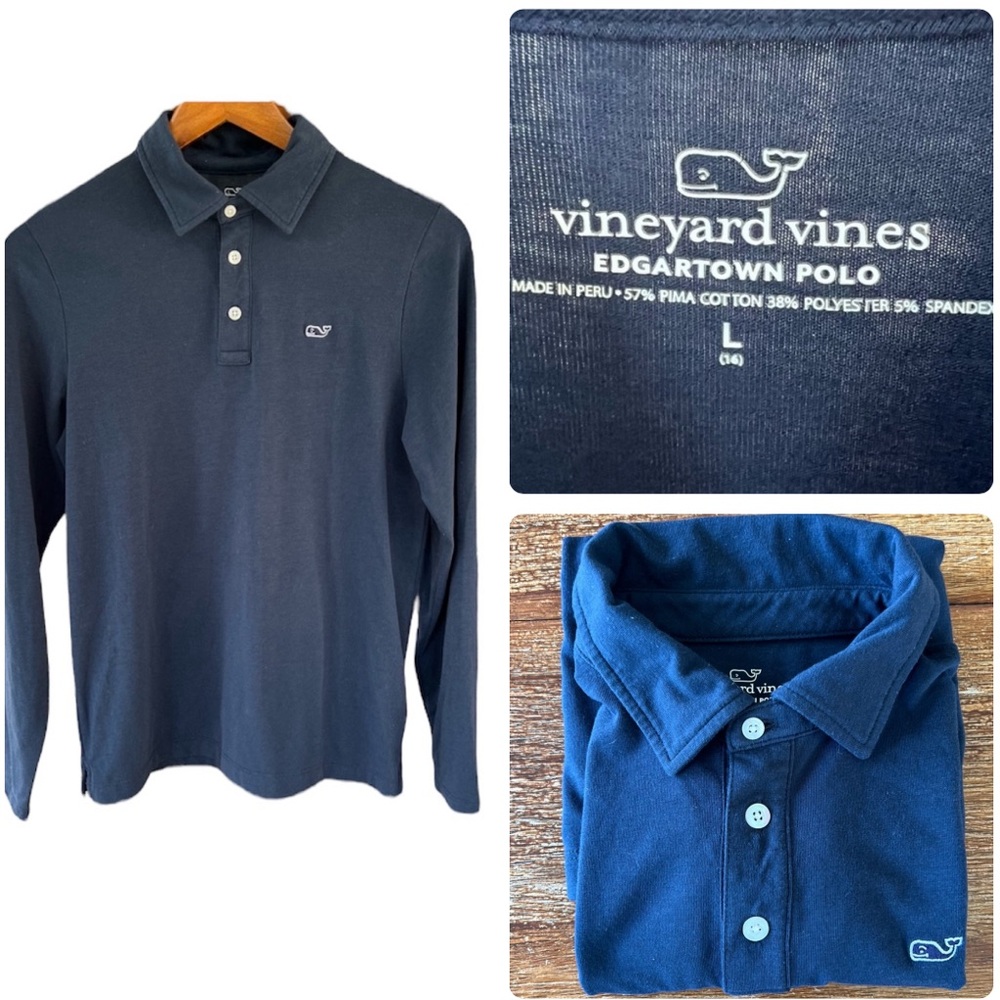 Vineyard Vines Big Boys Edgartown Long Sleeve Polo Shirt Navy Size Large 16